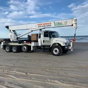 Albemarle Landscapes branded crane truck by the coast.