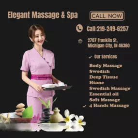 Massage is becoming more popular as people now understand the 
benefits of a regular massage session to their health and well-being.
Here at Elegant Massage & Spa we love being a part of helping 
taking part in peoples wellness and a better life.