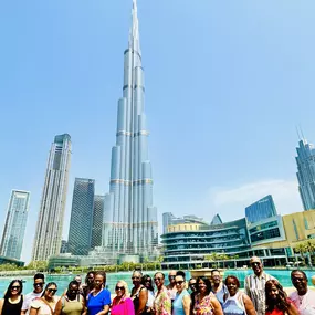 Our Dubai groupm with the Burj Khalifa in the background. Thi is the tallest building in the World, has the world’s fastest elevator that takes you through 124 levels in 30 Seconds. We explored Dubai ’At the Top’ with a 360-degree panoramic view of the city, the golden desert, and the Persian Gulf.