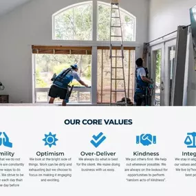 Interior window cleaning with text and icons describing our core company values.