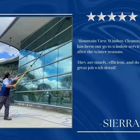 Using water fed pole to clean windows at Fresno City Hall.  Client review quote.