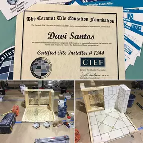 A close-up of Davi Santos’ CTEF certification, emphasizing professional tile installation expertise.