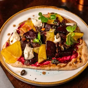 Balsamic Roast Beets
& Goats Cheese Flatbread