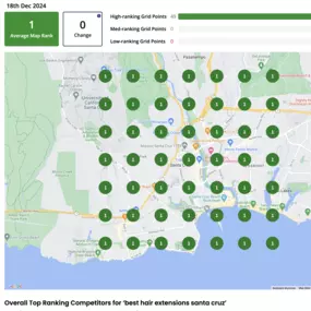 Here is an example of a geogrid for one of our clients. A geogrid in SEO is a tool used to visualize and analyze how well a business ranks in local search results (like Google Maps) across different locations within a certain area.

Imagine you have a map with a grid over it. Each point on the grid represents a specific spot in your city or town. A geogrid tool shows you how your business ranks for a specific keyword (like 