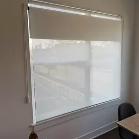 This photo is from a customer who needed both light filtering and room darkening shades on one window. This Borman Dual Shade allows you to have both in one unit so that you can choose either or both fabric to come down!