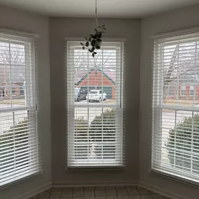 Faux wood blinds great for covering bay windows looking from inside and out..