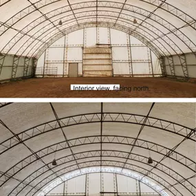 Composite image showing two interior views (facing north and south) towards the end walls of the same Pilot Buildings arched structure.