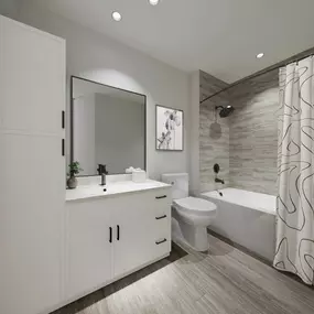 Bright white apartment bathroom at Camden Blakeney in Charlotte, NC