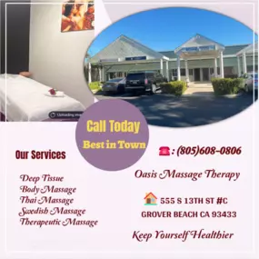 Our traditional full body massage in Grover Beach, CA 
includes a combination of different massage therapies like 
Swedish Massage, Deep Tissue,  Sports Massage,  Hot Oil Massage
at reasonable prices.