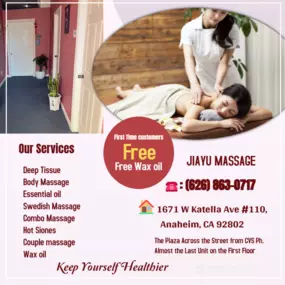 Our traditional full body massage in Anaheim, CA
includes a combination of different massage therapies like 
Swedish Massage, Deep Tissue, Sports Massage, Hot Oil Massage
at reasonable prices.