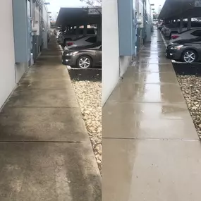 Comparison of a concrete surface Pressure Washing Service by C&D Commercial Services, Inc., highlighting the transformation from a stained and dull appearance to a clean, bright, and well-maintained finish.