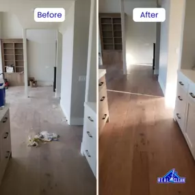 Real Clean’s house cleaning service brought these wood floors back to life! This before-and-after showcases the stunning transformation and shine we can achieve for your wood flooring.