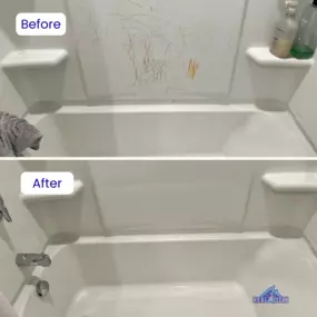 Real Clean’s house cleaning service erased crayon and marker from this shower wall, restoring its pristine surface. See the impressive before-and-after transformation!