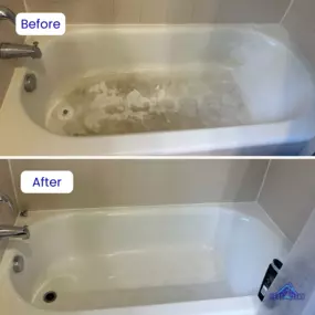 Real Clean’s house cleaning service restored this white tub to its original shine! This before-and-after highlights the power of a thorough scrubbing.