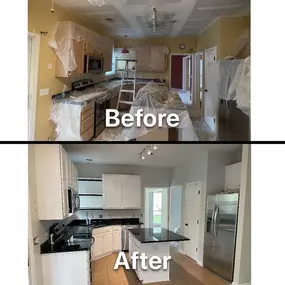 A before and after of brightening up a kitchen by painting the walls and cabinets!