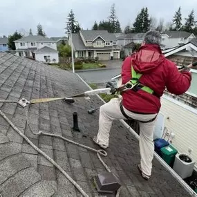 A roof cleaning contractor works on a roof, using a ladder to reach high areas for cleaning and maintenance.