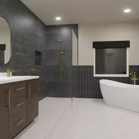 This stunning 3D rendering showcases a modern design with bold dark tile accents, gold fixtures, and a sleek freestanding tub for ultimate relaxation. The spacious walk-in shower and custom vanity add both style and functionality. Let Ledezma Remodeling bring your vision to life with our bathroom remodeling expertise.