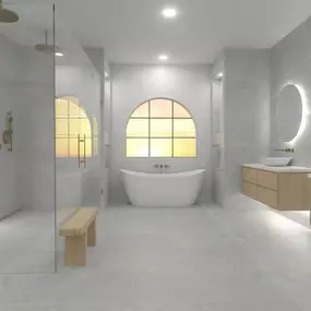 Create a relaxing oasis with a bathroom remodel by Ledezma Remodeling, featuring a spacious walk-in shower, freestanding soaking tub, and elegant gold fixtures. Floating vanities and an arched window add a modern, spa-like touch to your home.