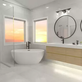 Create a bright and elegant retreat with a custom bathroom remodel by Ledezma Remodeling! This modern design features a sleek glass-enclosed shower, a freestanding soaking tub, and a floating vanity with soft under-cabinet lighting. The black fixtures and round mirrors add a bold contrast, bringing a perfect blend of style and functionality to your home renovation.