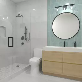 Upgrade your guest bathroom with a sleek and modern remodel by Ledezma Remodeling! This elegant design features a glass-enclosed shower, a floating wood vanity, and a stylish blue tile accent wall, complemented by black fixtures for a bold, contemporary look. Whether you’re planning a full bathroom remodel or a simple shower upgrade, Ledezma Remodeling delivers expert craftsmanship and stunning results.