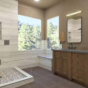 This elegant bathroom design by Ledezma Remodeling showcases a modern yet warm bathroom renovation featuring a spacious walk-in shower with mosaic tile accents and a built-in bench for added comfort. The dual-sink vanity with natural wood cabinetry complements the earthy tones throughout the space, while large windows bring in natural light and connect the room to its serene surroundings. It's a perfect example of thoughtful bathroom remodeling and shower renovation that blends luxury and functi