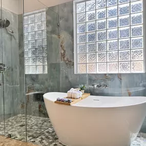Ledezma Remodeling proves why they’re a trusted bathroom remodeling contractor with this breathtaking design. The airy glass shower, statement soaking tub, and rich aqua‑toned tiles create a peaceful escape you’ll never want to leave. It’s a perfect blend of style, comfort, and craftsmanship.