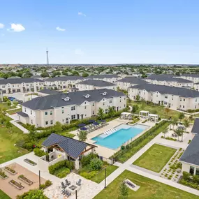 Aerial view of pool and community at Camden Leander apartments in Leander, Tx