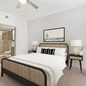 Bedroom with carpet and ensuite at Camden Leander apartments in Leander, Tx
