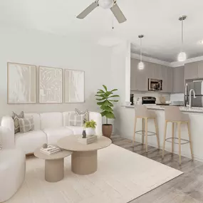 First-floor living room and kitchen with wood-style floors and extended kitchen counter at Camden Leander apartments in Leander, Tx