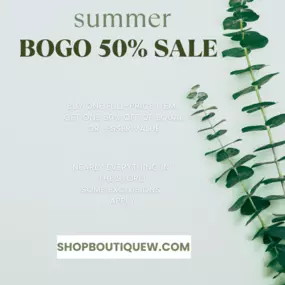 Buy one full price item, get one 50% off equal or lesser value on almost every item in the store from July 9th thru July 20th! Only exclusions are Magnolia Pearl, Michael Stars, LJ Sonder, and Rocky's Hardwear.