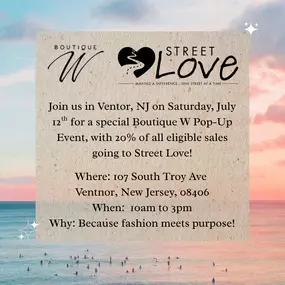We're proud to give back on the very street where it all began.

Join us Saturday, July 12th for a fabulous day of fashion, accessories, and jewelry - all in support of a great cause!
Shop with purpose: 20% of eligible purchases will be donated to Street Love!
Street Love Foundation LLC helps families and individuals experiencing food and clothing insecurity, also supplying them with other life essentials. Street Love aims to provide dignity and hope to those facing dire circumstances. We partne