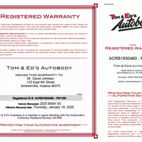 Tom & Ed’s Autobody in Schererville – Registered Warranty Certificate at Tom & Ed’s Autobody