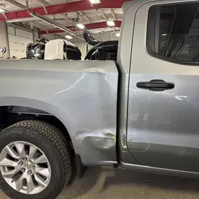 Tom & Eds' Autobody of Schererville in Schererville – Side Panel Damage Before Repair at Tom & Eds' Autobody of Schererville.