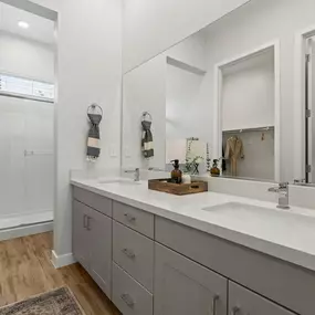 a bathroom with a sink and a shower and a mirror