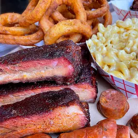 BBQ Tray featuring slow smoked ribs and creamy mac & Cheese