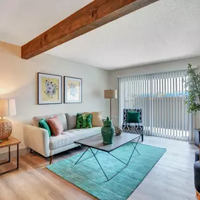A living room with a couch, a coffee table, and a rug
