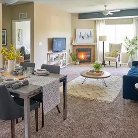 Spacious living room with dining table