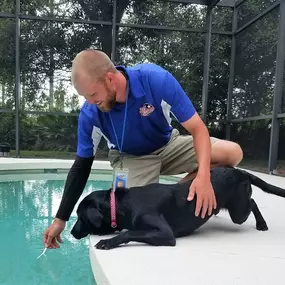 Pool Troopers Technician Servicing a Pool with the Help of a Customer's Dog