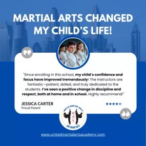 This testimonial highlights the transformative impact of kids' martial arts classes at United Martial Arts Academy in Rancho Cordova, CA. The image features a young student in a Taekwondo uniform, showcasing the confidence and discipline gained through our martial arts programs for children. Proud parent Jessica Carter shares how her child's focus, respect, and self-confidence have significantly improved at home and school. With 5-star reviews and expert instructors, our family-friendly martial 