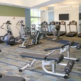 A gym with a variety of equipment including treadmills, stationary bikes, and weight benches