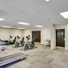 A gym with treadmills, elliptical machines, and a woman walking