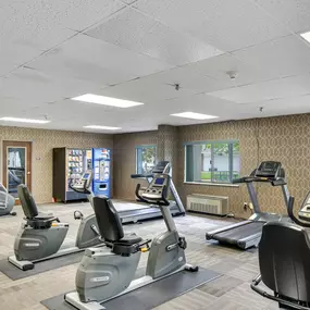 A gym with treadmills and elliptical machines