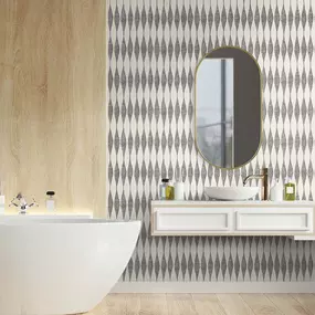 Bold, fresh, and undeniably chic. This bathroom makes a statement with designer wallpaper that instantly elevates the space. The Wallpaper Co brings elegance to life with this stunning pattern, creating a modern yet warm vibe that perfectly complements the natural timber accents. Perfect for Phoenix homes, this transformation adds flair, personality, and everyday joy.