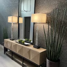 This beautifully styled entryway shows how The Wallpaper Co. uses designer wallpaper to bring texture, depth, and a sense of quiet luxury to any space. The soft shimmer adds just the right touch of elegance without overwhelming the room. It’s no surprise their work is a favorite among interior design lovers in Phoenix.