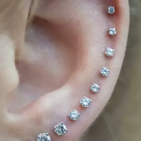 A close-up of an ear with a row of diamond studs ascending along the outer edge, increasing in size from top to bottom. The lobe has a slightly larger pair of matching diamond stu