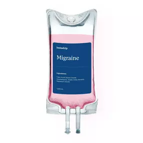 Instadrip Migraine IV therapy bag with hydration and pain relief ingredients.