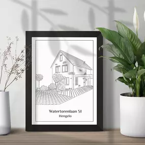 Laat jouw huis vereeuwigen in een prachtige, handgetekende line-art illustratie. Een minimalistisch en stijlvol kunstwerk voor in huis of als bijzonder cadeau.