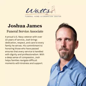 Meet Joshua James, Funeral Service Associate at Watts Funeral Home & Cremation Center. A U.S. Navy veteran with over 10 years of service, he provides compassionate care and professional guidance to families in need.