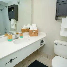 A clean and functional bathroom at Passenger Flats in Chattanooga with a modern design.