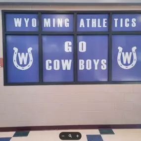 We did these window decals for Wyoming High School recently. The school needed to obscure those windows and decided it was a great place to add a message. Go Cowboys! If you need graphics on one or more windows, let us know. We can help.
